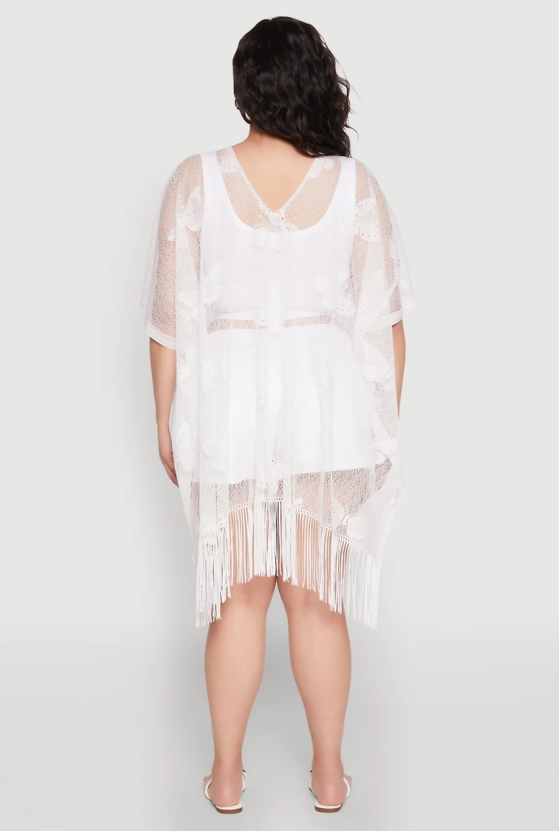 Womens Butterfly Fringe Swim Cover Up, White