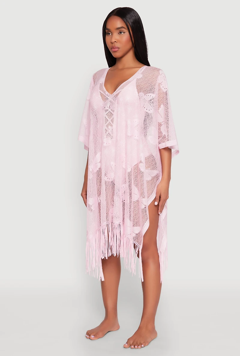 Womens Butterfly Fringe Swim Cover Up, Pink