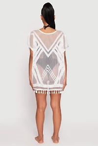 Womens Fishnet Tassel Fringe Swim Cover Up, White