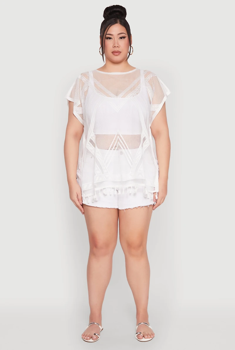 Womens Fishnet Tassel Fringe Swim Cover Up, White