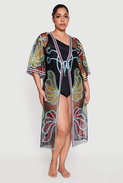Floral Mesh Tie Front Long Kimono