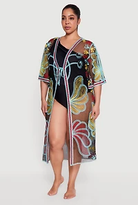 Floral Mesh Tie Front Long Kimono