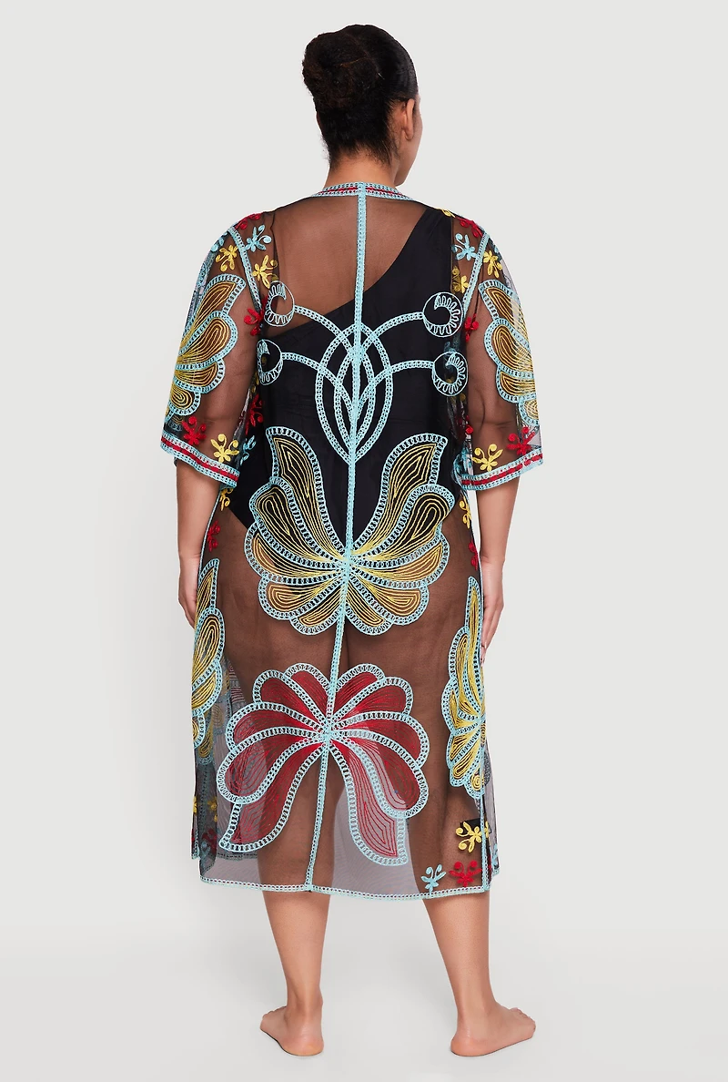 Floral Mesh Tie Front Long Kimono
