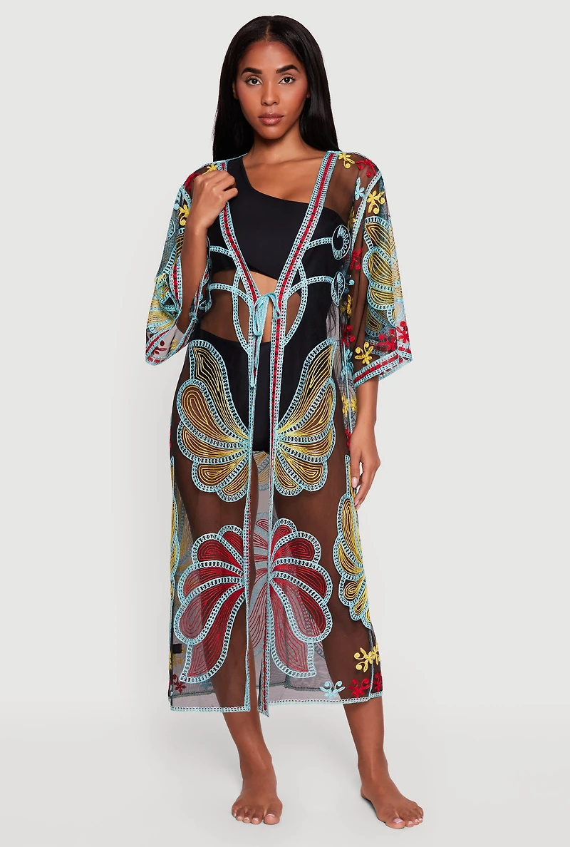 Floral Mesh Tie Front Long Kimono