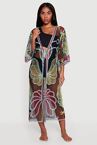 Floral Mesh Tie Front Long Kimono