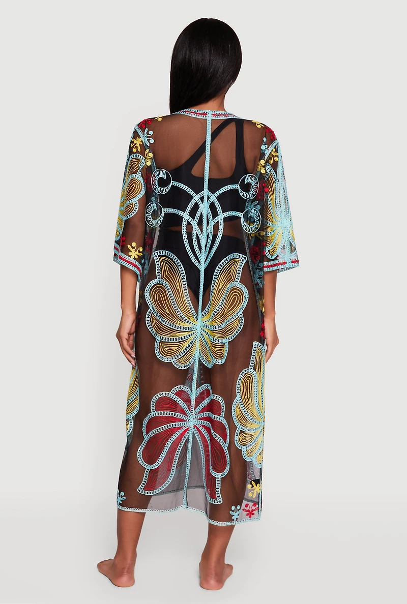 Floral Mesh Tie Front Long Kimono