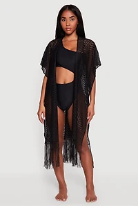 Chevron Fringe Open Front Swim Cover Up Kimono