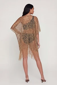 Lurex Animal Print Fringe Hem Fishnet Swim Cover Up
