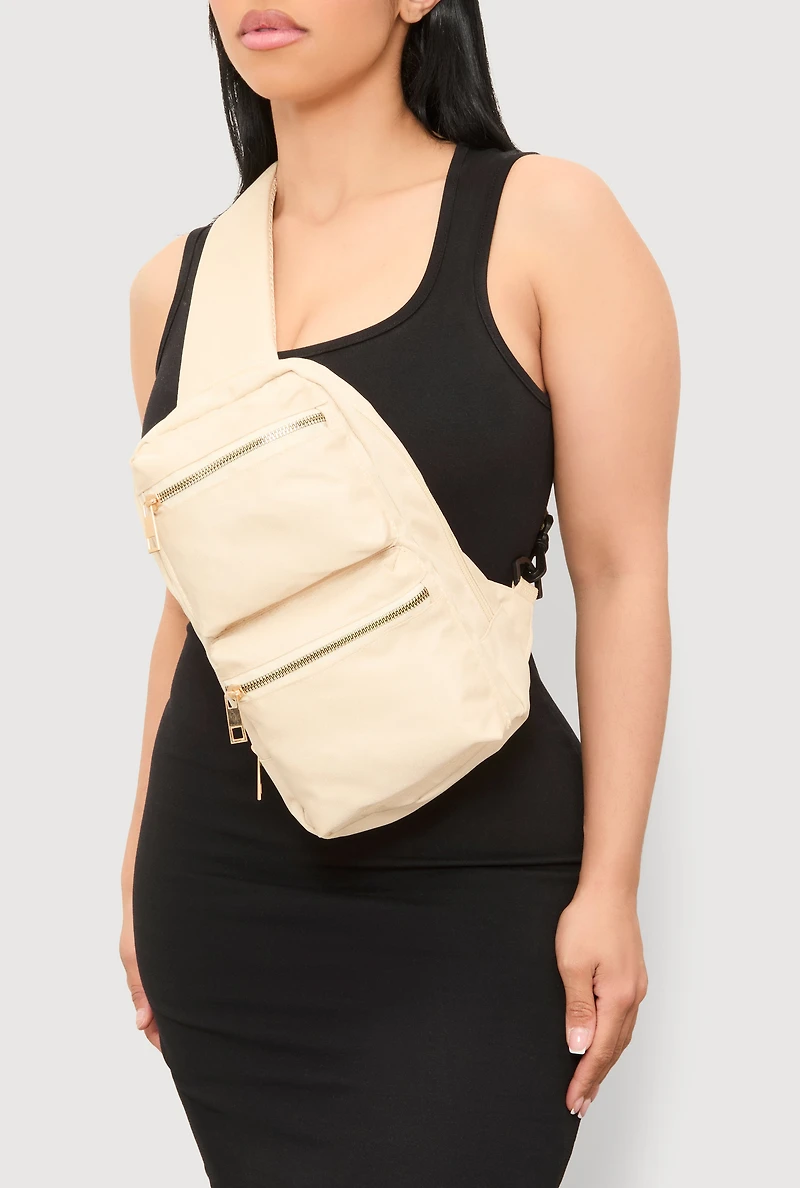 Womens Double Pocket Sling Backpack, Beige