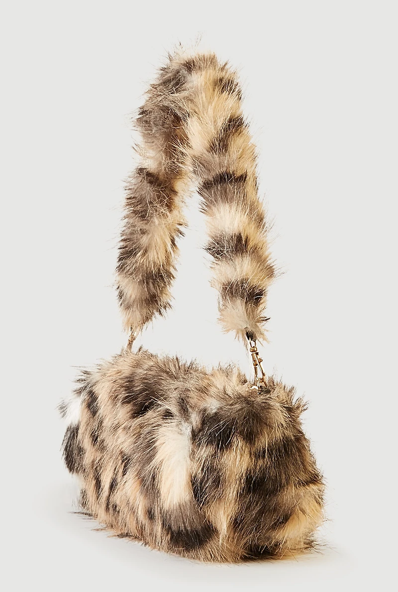 Animal Print Faux Fur Convertible Barrel Bag