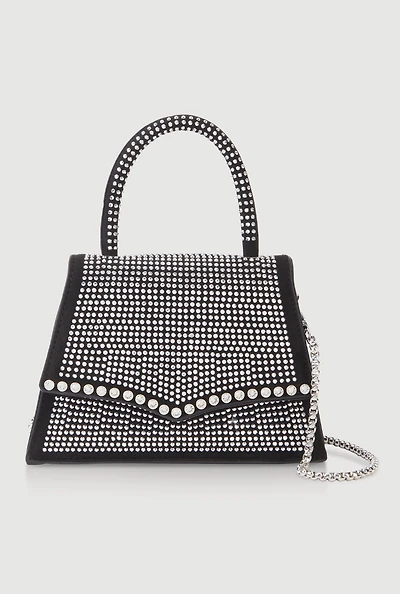 Womens Rhinestone Studded Faux Leather Handbag, Black