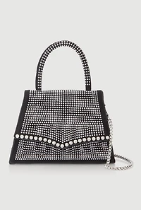 Womens Rhinestone Studded Faux Leather Handbag, Black