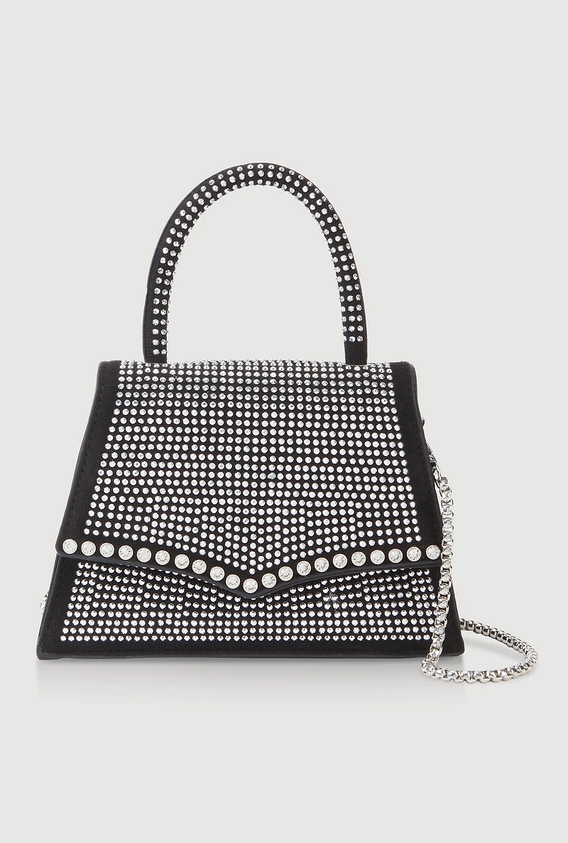 Womens Rhinestone Studded Faux Leather Handbag, Black