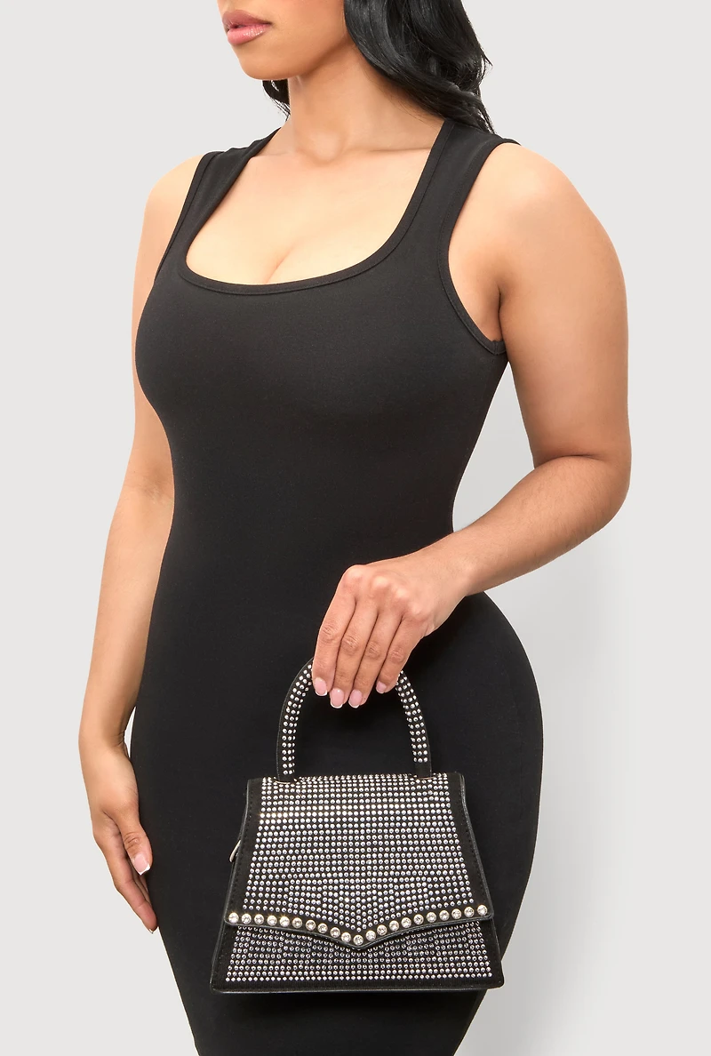 Womens Rhinestone Studded Faux Leather Handbag, Black