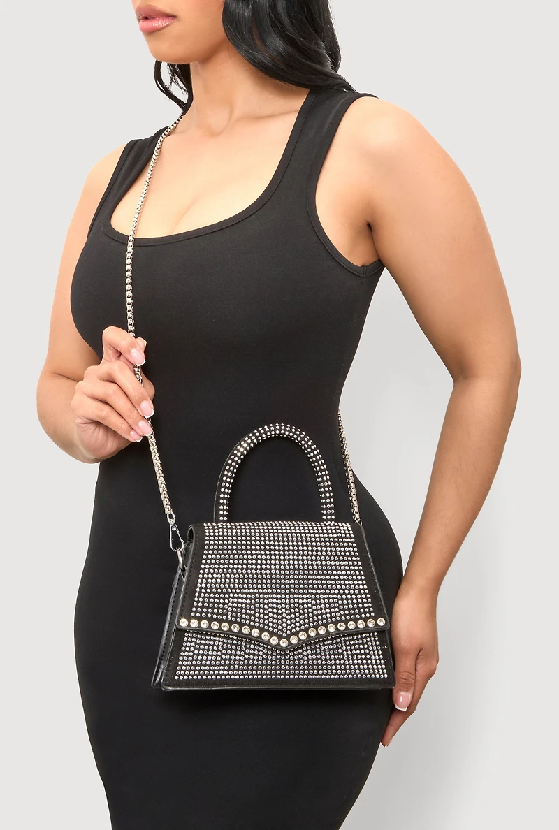 Womens Rhinestone Studded Faux Leather Handbag, Black