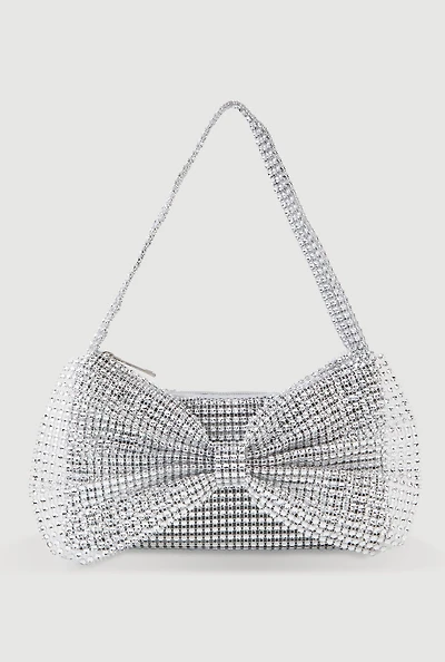 Womens Rhinestone Studded Mesh Bow Handbag, Silver