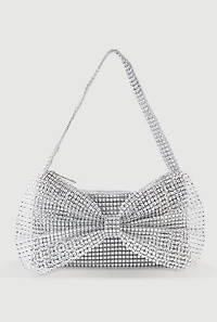 Womens Rhinestone Studded Mesh Bow Handbag, Silver