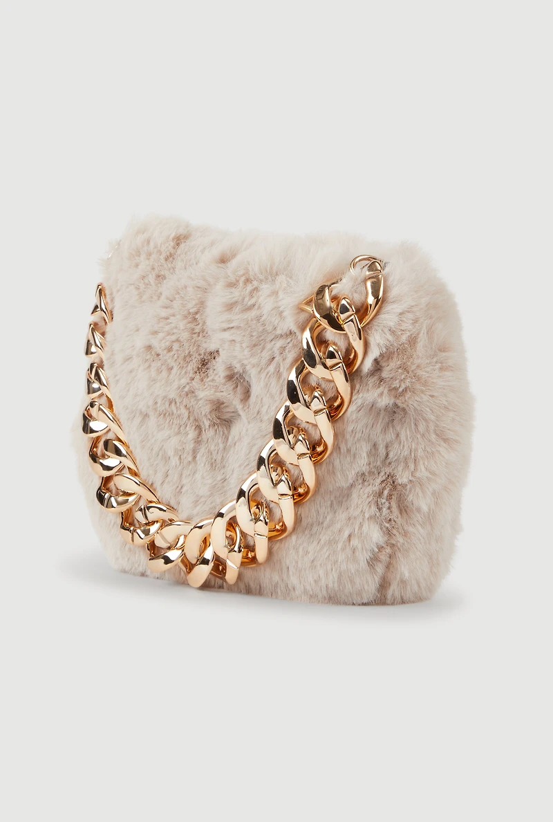 Chain Handle Faux Fur Convertible Handbag