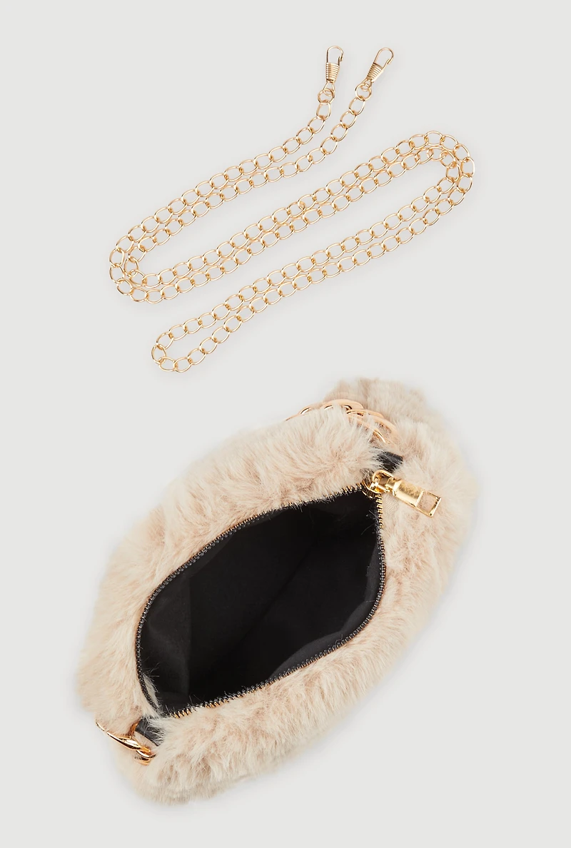 Chain Handle Faux Fur Convertible Handbag
