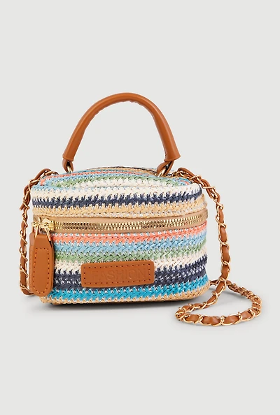 Faux Leather Chain Detail Striped Raffia Crossbody Bag