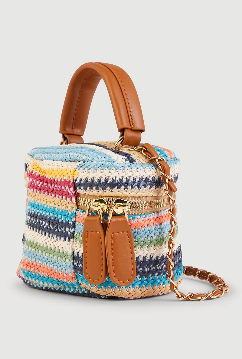 Faux Leather Chain Detail Striped Raffia Crossbody Bag