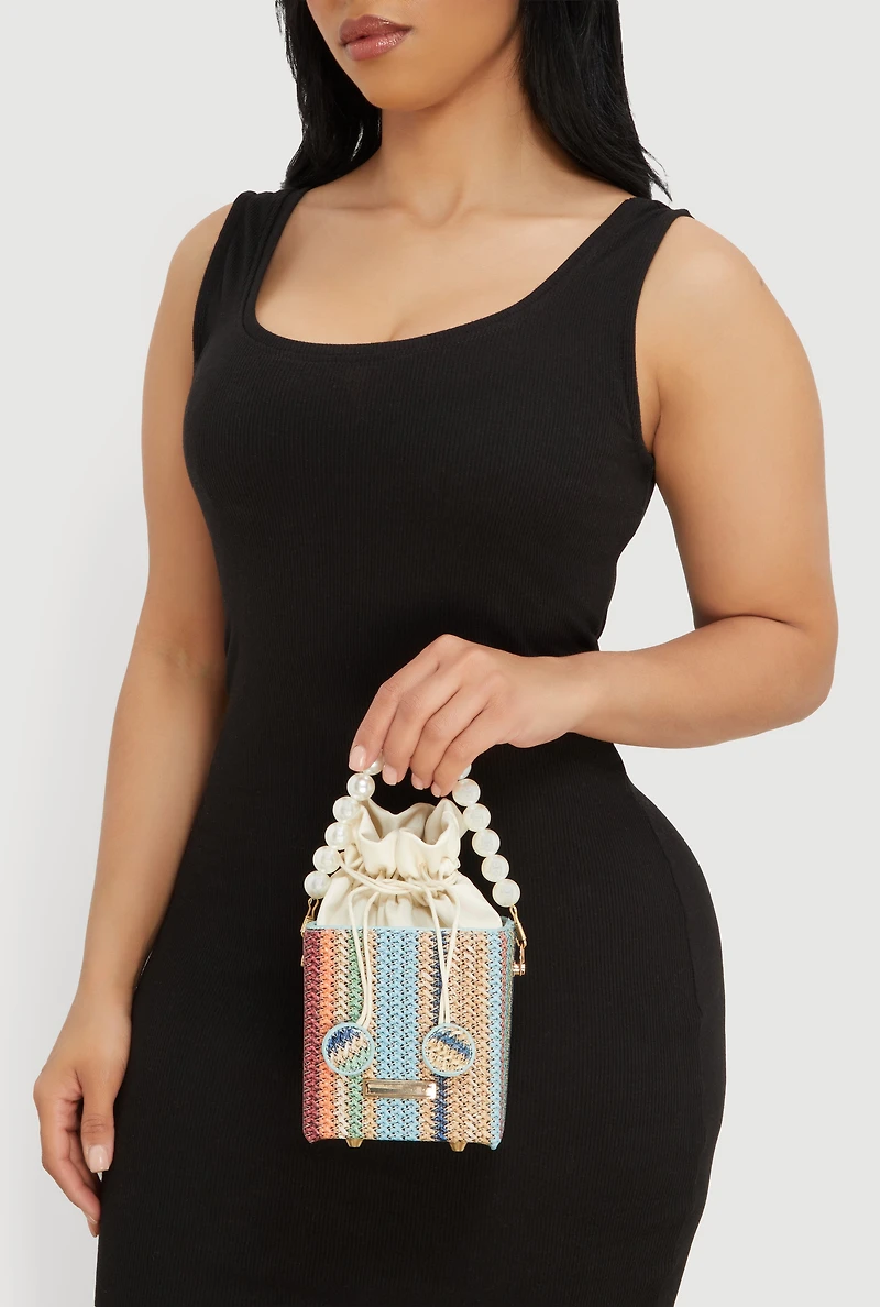 Striped Raffia Box Drawstring Pouch Convertible Crossbody Bag