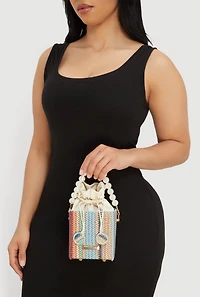 Striped Raffia Box Drawstring Pouch Convertible Crossbody Bag