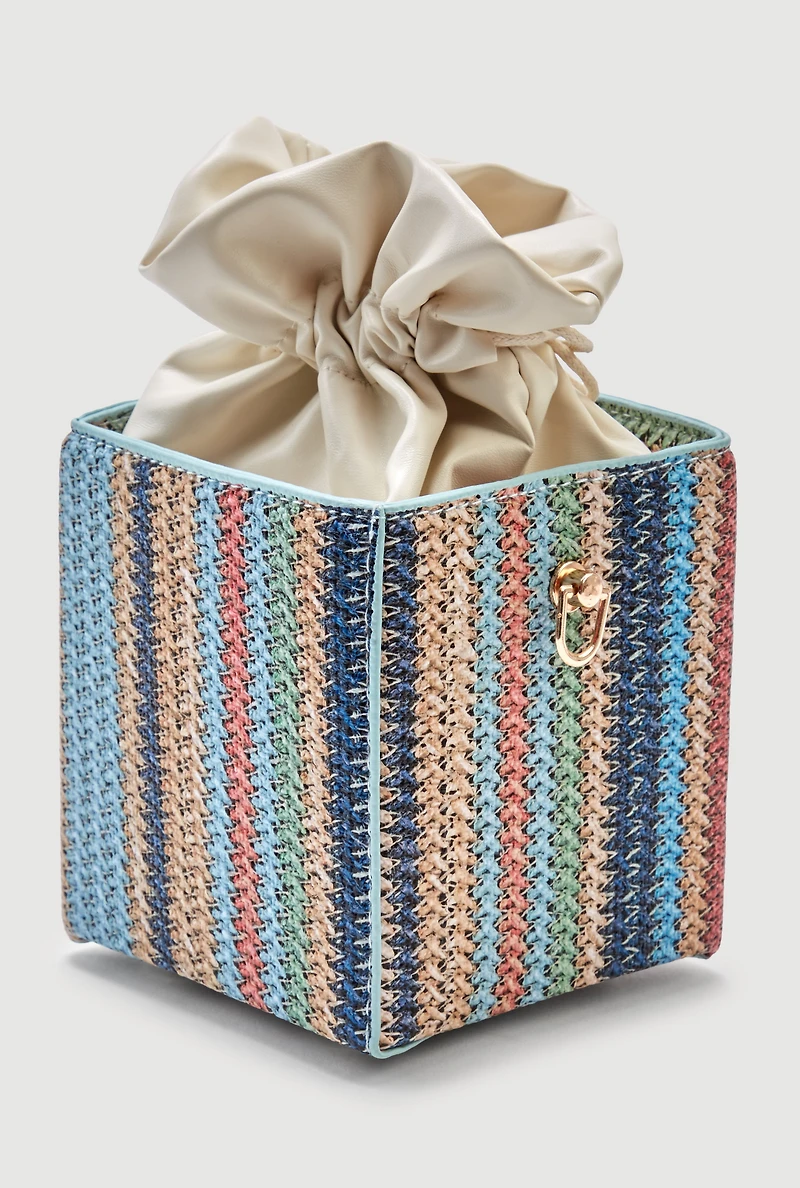 Striped Raffia Box Drawstring Pouch Convertible Crossbody Bag