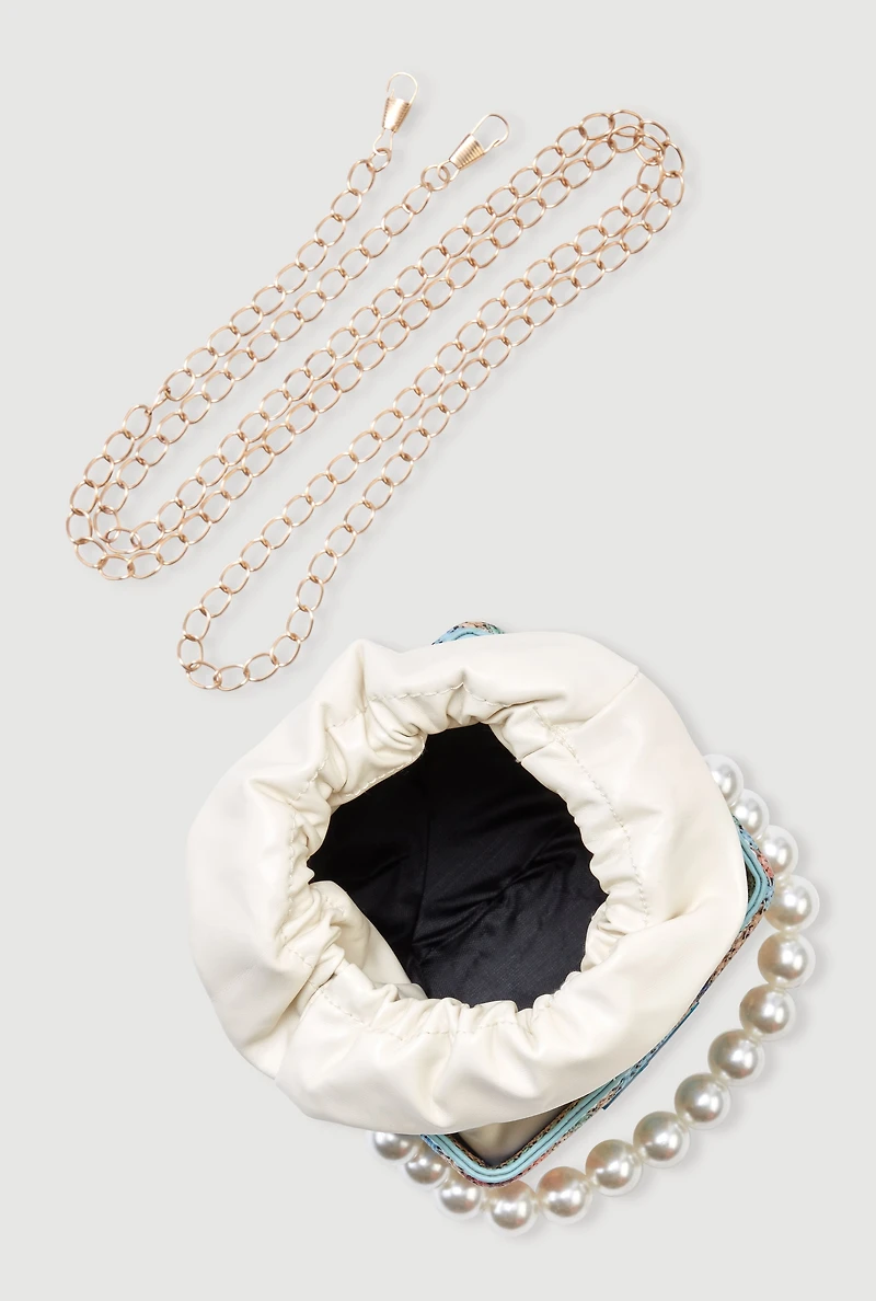 Striped Raffia Box Drawstring Pouch Convertible Crossbody Bag