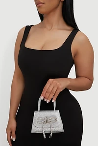 Rhinestone Bow Detail Glitter Crossbody Bag with Removable Chain Strap