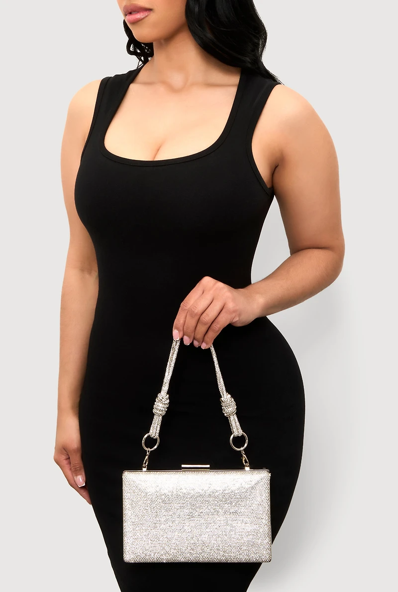 Womens Rhinestone Studded Convertible Strap Crossbody Clutch, Silver