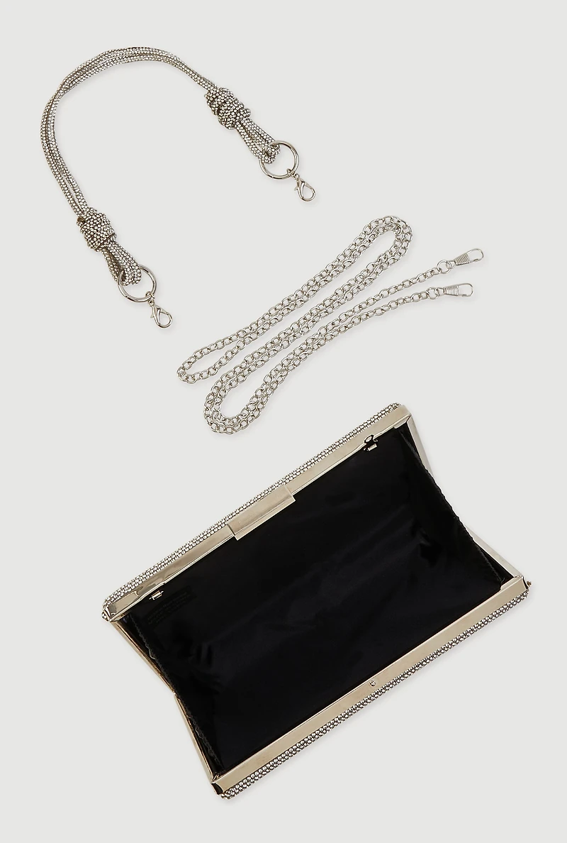 Womens Rhinestone Studded Convertible Strap Crossbody Clutch, Silver