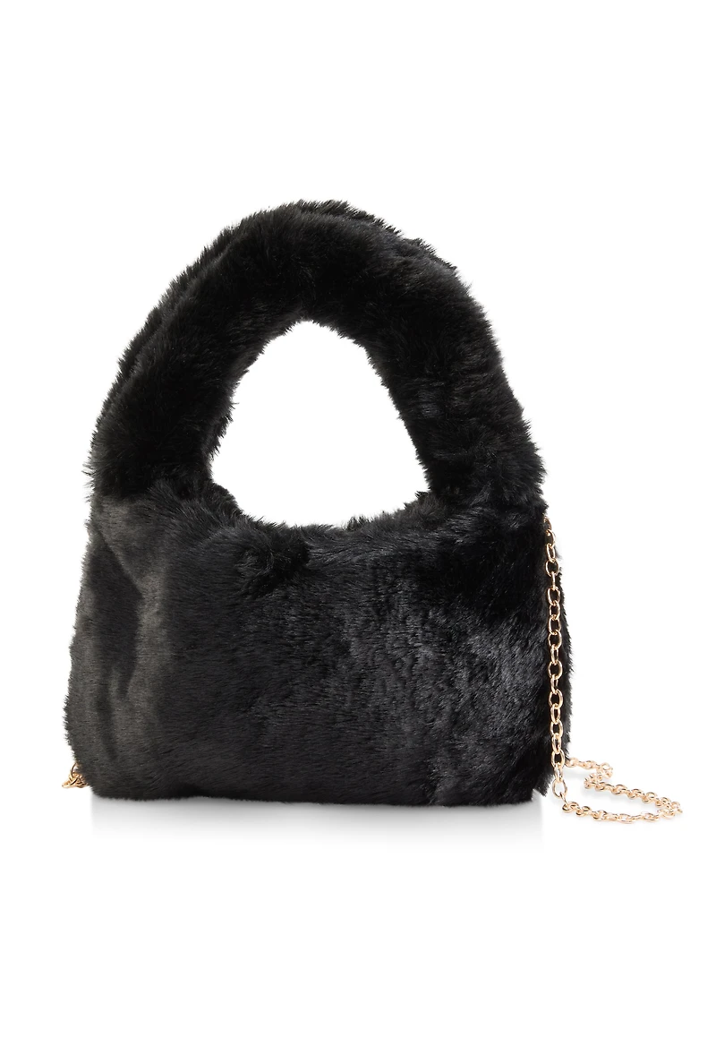 Womens Faux Fur Mini Crossbody Bag, Black