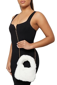 Womens Faux Fur Mini Crossbody Bag, White