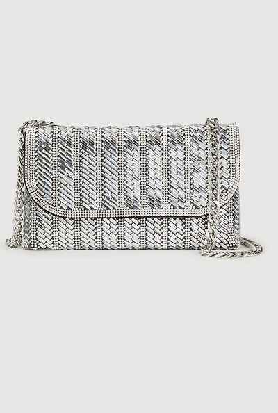 Patterned Rhinestone Clutch with Removable Chain Strap