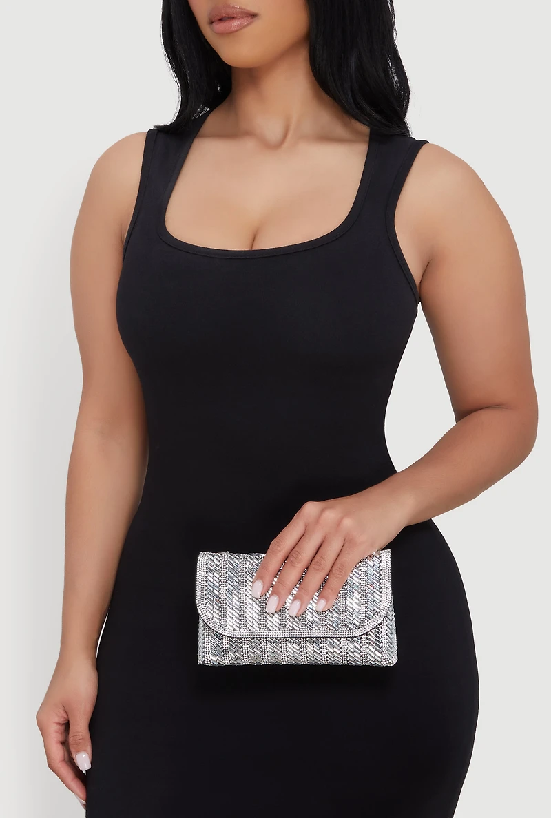 Patterned Rhinestone Clutch with Removable Chain Strap