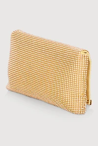 Womens Rhinestone Studded Satin Fold Over Clutch, Gold