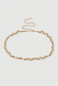 Womens Faux Pearl Metallic Chain Belt, Gold, Size M