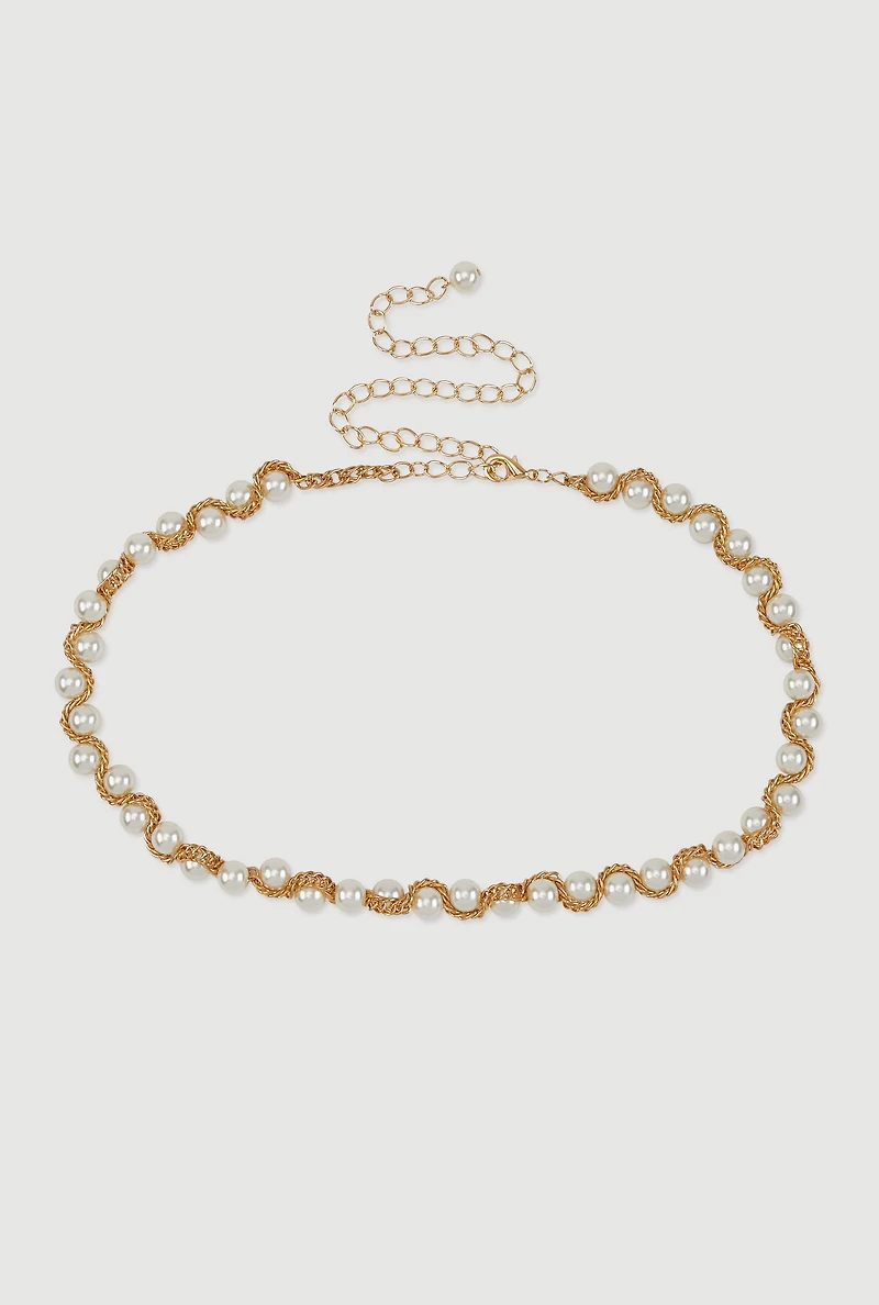 Faux Pearl Metallic Chain Belt
