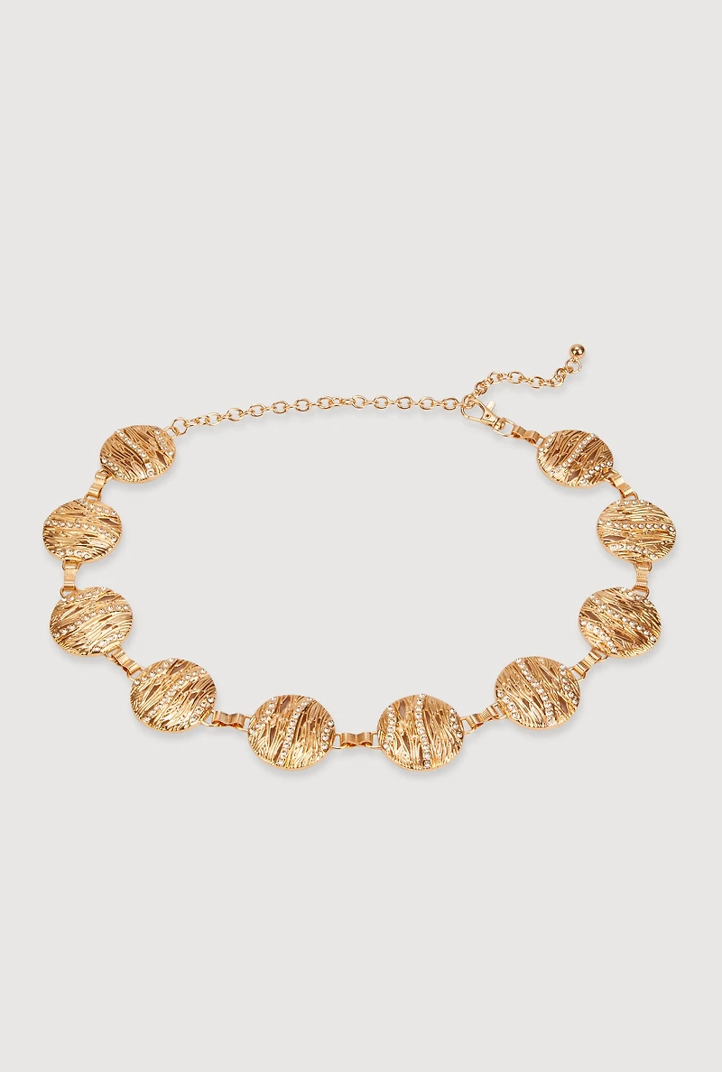 Textured Medallion Chain Belt with Rhinestones