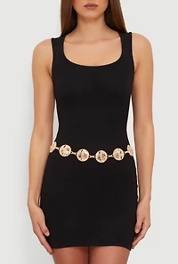 Textured Medallion Chain Belt with Rhinestones