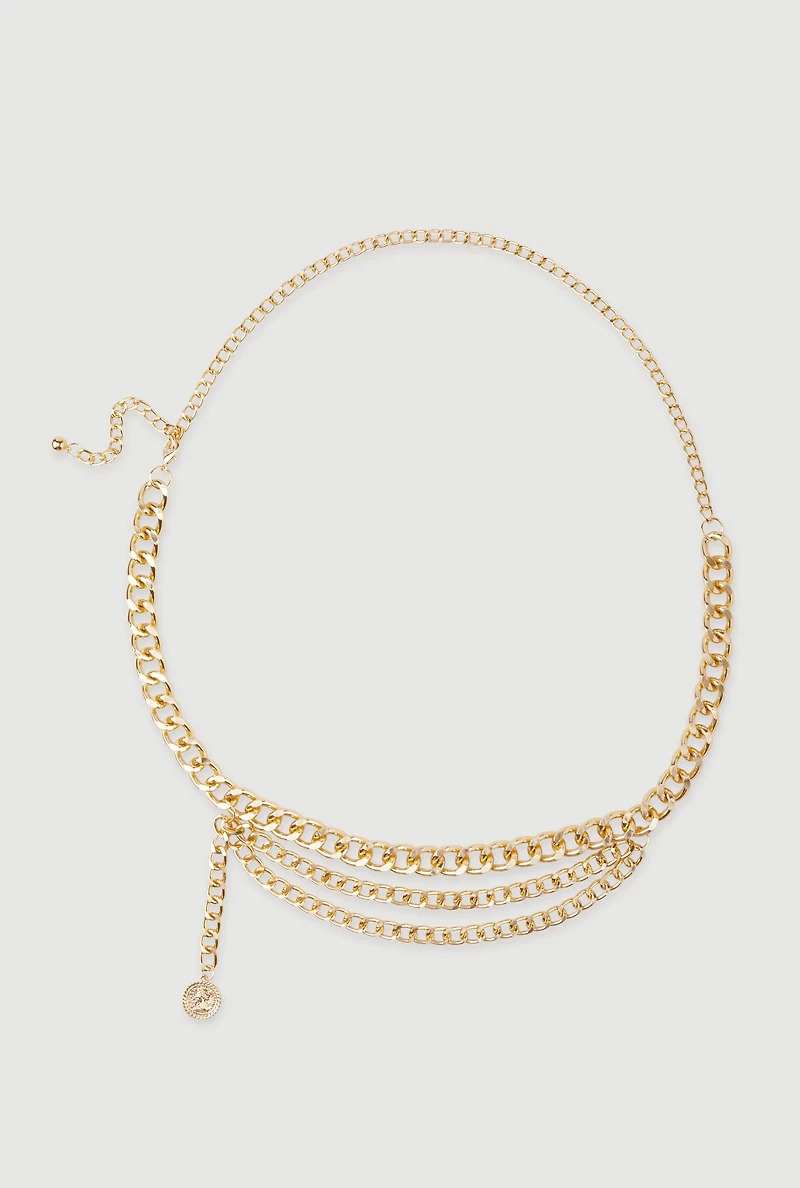 Womens Plus Size Layered Chain Belt with Charm, Gold, Size 3X