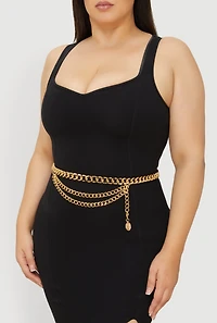 Womens Plus Size Layered Chain Belt with Charm, Gold, Size 3X