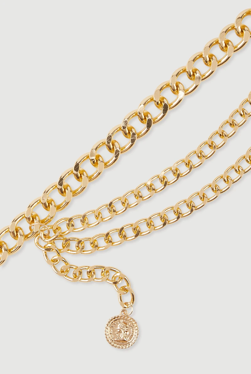 Womens Plus Size Layered Chain Belt with Charm, Gold, Size 3X