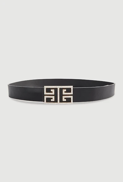 Womens Rhinestone Studded Greek Key Buckle Faux Leather Belt, Black, Size M-L