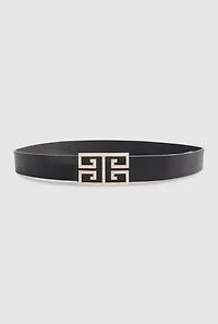 Womens Rhinestone Studded Greek Key Buckle Faux Leather Belt, Black, Size M-L