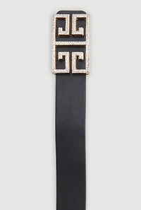 Womens Rhinestone Studded Greek Key Buckle Faux Leather Belt, Black, Size M-L