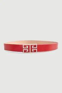 Womens Rhinestone Studded Greek Key Buckle Faux Leather Belt, Red, Size S-M