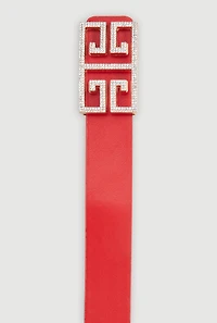 Womens Rhinestone Studded Greek Key Buckle Faux Leather Belt, Red, Size S-M