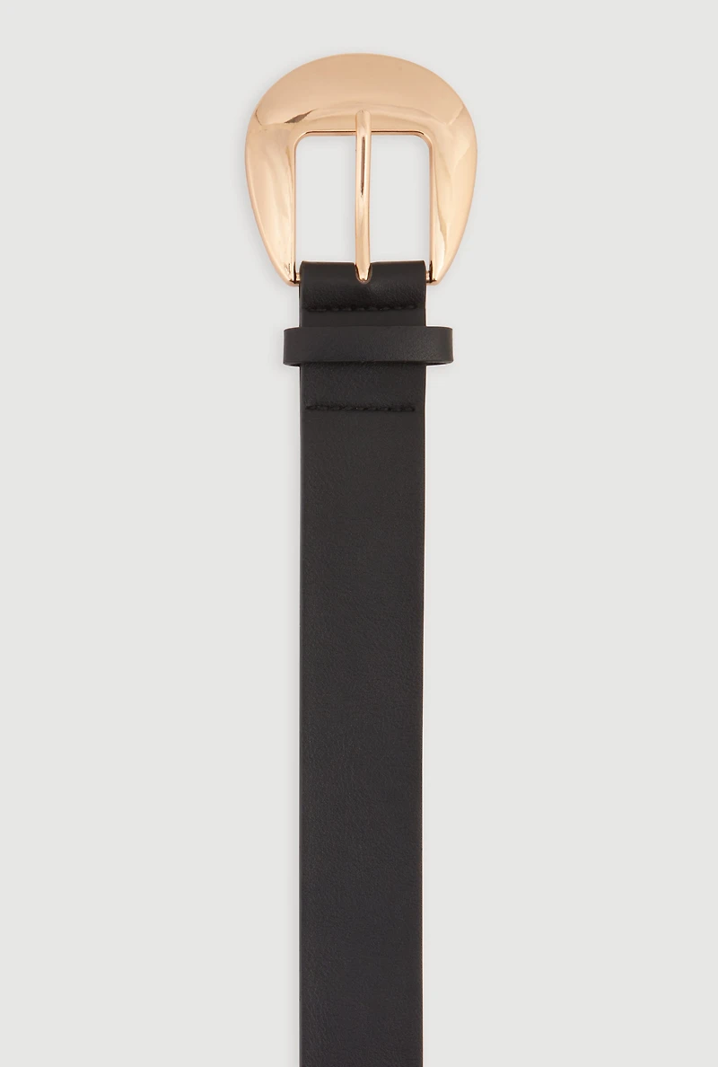 Womens Metallic Round Buckle Faux Leather Belt, Black, Size M-L